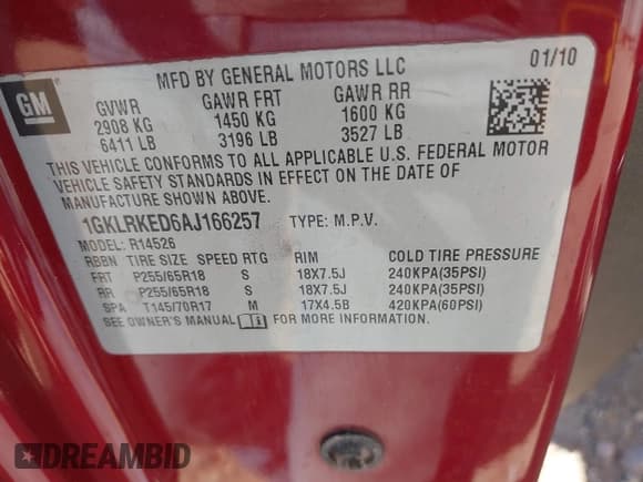 ✅ 2010 GMC Acadia SL • VIN: 1GKLRKED6AJ166257 • Lot: 43593470. Listed on IAAI with 143,160 mi. Free auction sales archive from the USA and detailed vehicle history report at DreamBid. Image 9.