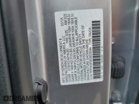 ✅ 2025 Honda Ridgeline RTL • VIN: 5FPYK3F56SB028544 • Lot: 86711245. Listed on Copart with 9,308 mi. Free auction sales archive from the USA and detailed vehicle history report at DreamBid. Image 12.