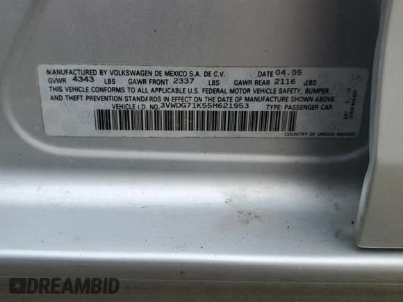 ✅ 2005 Volkswagen Jetta 2.5L • VIN: 3VWDG71K55M621953 • Lot: 55621375. Listed on Copart with 148,330 mi. Free auction sales archive from the USA and detailed vehicle history report at DreamBid. Image 13.