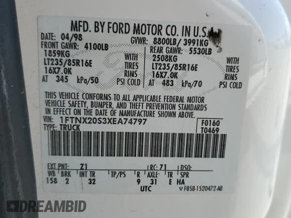 ✅ 1999 Ford F-250 XL • VIN: 1FTNX20S3XEA74797 • Lot: 46886425. Listed on Copart with 318,214 mi. Free auction sales archive from the USA and detailed vehicle history report at DreamBid. Image 13.