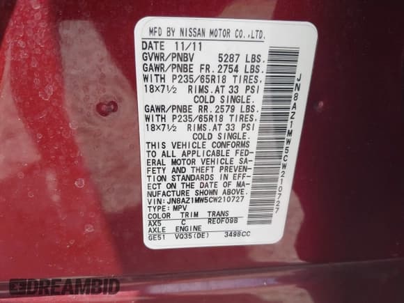 ✅ 2012 Nissan Murano LE • VIN: JN8AZ1MW5CW210727 • Lot: 41868949. Listed on IAAI with 152,672 mi. Free auction sales archive from the USA and detailed vehicle history report at DreamBid. Image 9.