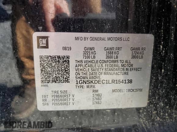 2020 Chevrolet Tahoe Commercial with VIN 1GNSKDEC1LR154138, listed as a Copart auction lot 85511665 with 125,307 mi miles and Salvage title. Bid and sale history available at DreamBid. Image 13.