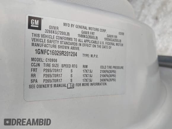 ✅ 2009 Chevrolet Suburban LS • VIN: 1GNFC16029R201204 • Lot: 42855407. Listed on IAAI with 220,289 mi. Free auction sales archive from the USA and detailed vehicle history report at DreamBid. Image 9.