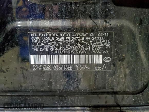 ✅ 2011 Lexus IS 250 • VIN: JTHBF5C29B5150548 • Лот: 94321625. Опубликован ранее на Copart с пробегом Не указан. Бесплатный доступ к архиву аукционных продаж из США и подробный отчёт об истории автомобиля на DreamBid. Изображение 12.