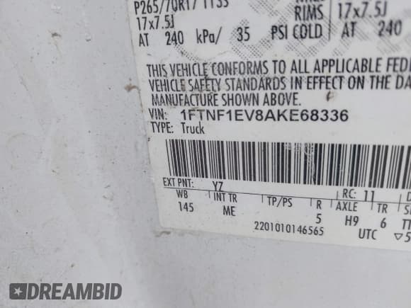 ✅ 2010 Ford F-150 XL • VIN: 1FTNF1EV8AKE68336 • Lot: 41480913. Listed on IAAI with 147,829 mi. Free auction sales archive from the USA and detailed vehicle history report at DreamBid. Image 9.