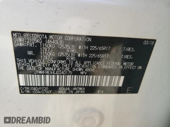 ✅ 2018 Toyota RAV4 XLE • VIN: JTMRFREV4JD240175 • Лот: 91644415. Опубликован ранее на Copart с пробегом 129 508 миль. Бесплатный доступ к архиву аукционных продаж из США и подробный отчёт об истории автомобиля на DreamBid. Изображение 13.