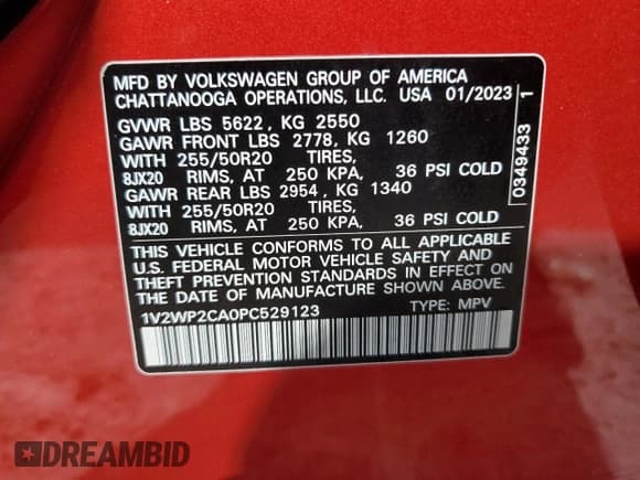 ✅ 2023 Volkswagen Atlas SE • VIN: 1V2WP2CA0PC529123 • Lot: 67887455. Listed on Copart with Not provided. Free auction sales archive from the USA and detailed vehicle history report at DreamBid. Image 13.