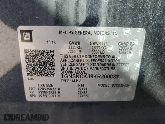 2019 Chevrolet Tahoe Premier z VIN 1GNSKCKJ9KR200083, wystawiony jako Copart lot #57910955 z przebiegiem 53 126 mil mil oraz Szkoda całkowita • Salvage title. Historia ofert i sprzedaży dostępna na DreamBid. Obrazek 13.