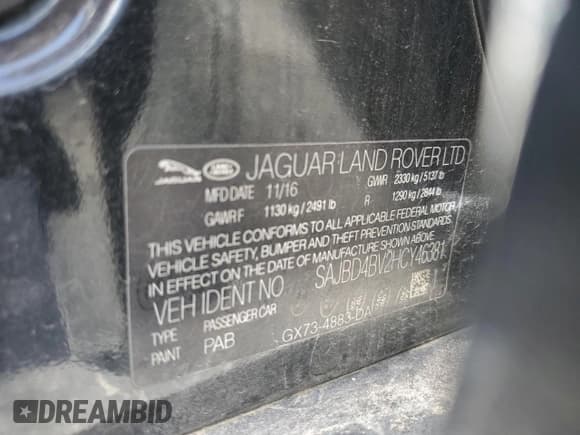 ✅ 2017 Jaguar XF 35t Premium • VIN: SAJBD4BV2HCY46381 • Lot: 50384745. Listed on Copart with 84,040 mi. Free auction sales archive from the USA and detailed vehicle history report at DreamBid. Image 12.