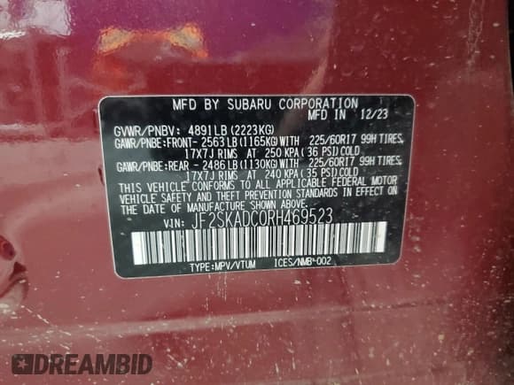 ✅ 2024 Subaru Forester Premium • VIN: JF2SKADC0RH469523 • Lot: 65434595. Listed on Copart with 11,510 mi. Free auction sales archive from the USA and detailed vehicle history report at DreamBid. Image 13.