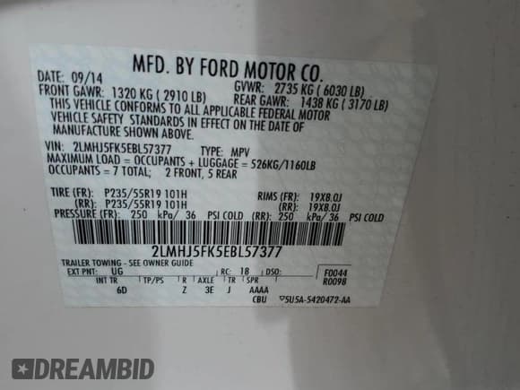 ✅ 2014 Lincoln MKT • VIN: 2LMHJ5FK5EBL57377 • Lot: 70608694. Listed on Copart with 115,053 mi. Free auction sales archive from the USA and detailed vehicle history report at DreamBid. Image 14.