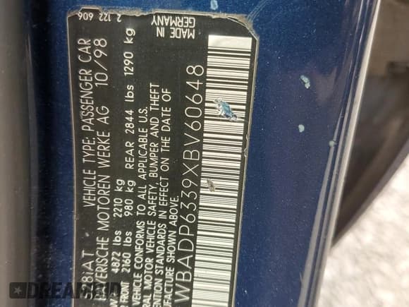 ✅ 1999 BMW 5 Series 528i • VIN: WBADP6339XBV60648 • Lot: 52637565. Listed on Copart with 207,862 mi. Free auction sales archive from the USA and detailed vehicle history report at DreamBid. Image 12.