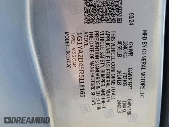 2024 Chevrolet Corvette 1LT с VIN 1G1YA2D45R5118160, выставлен на аукционе Copart как лот 77230704 с пробегом 1 766 миль миль и Списание • Salvage title. История ставок и продаж доступна на DreamBid. Изображение 13.