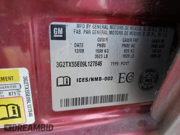 ✅ 2009 Pontiac G3 SE • VIN: 3G2TX55E09L127846 • Lot: 71554364. Wystawiony na Copart z przebiegiem 165 378 mil. Bezpłatny archiwum sprzedaży aukcyjnych z USA i szczegółowy raport historii pojazdu na DreamBid. Zdjęcie 12.