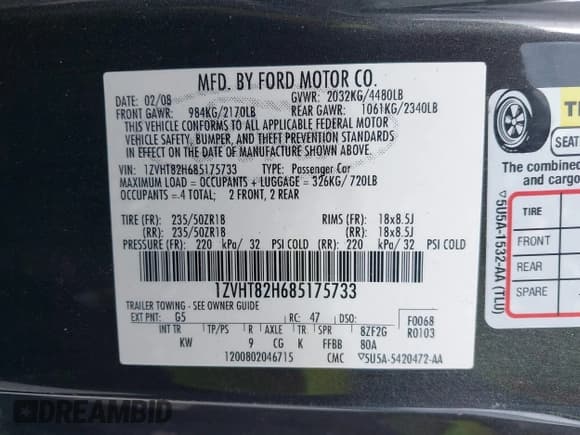 ✅ 2008 Ford Mustang GT Deluxe • VIN: 1ZVHT82H685175733 • Lot: 43274979. Listed on IAAI with 30,231 mi. Free auction sales archive from the USA and detailed vehicle history report at DreamBid. Image 9.