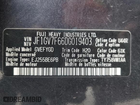 ✅ 2013 Subaru WRX WRX Limited • VIN: JF1GV7F66DG019403 • Lot: 53907225. Listed on Copart with 125,468 mi. Free auction sales archive from the USA and detailed vehicle history report at DreamBid. Image 12.