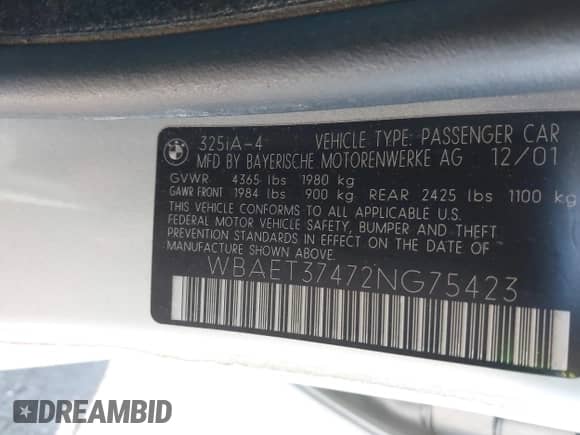 2002 BMW 3 Series 325i с VIN WBAET37472NG75423, выставлен на аукционе IAAI как лот 43549128 с пробегом 148 143 миль миль и . История ставок и продаж доступна на DreamBid. Изображение 9.