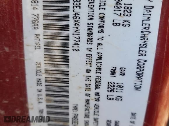 ✅ 2000 Dodge Stratus SE • VIN: 1B3EJ46X4YN177410 • Lot: 86432515. Listed on Copart with 150,492 mi. Free auction sales archive from the USA and detailed vehicle history report at DreamBid. Image 13.