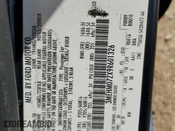 ✅ 2009 Mercury Milan • VIN: 3MEHM07ZX9R601326 • Lot: 70862385. Listed on Copart with 195,897 mi. Free auction sales archive from the USA and detailed vehicle history report at DreamBid. Image 12.