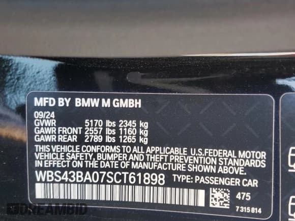 ✅ 2025 BMW M4 • VIN: WBS43BA07SCT61898 • Lot: 48228345. Listed on Copart with Not provided. Free auction sales archive from the USA and detailed vehicle history report at DreamBid. Image 13.