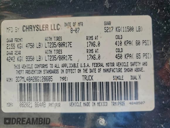 ✅ 2008 Dodge 3500 SLT • VIN: 3D7ML48A28G128685 • Lot: 93151565. Listed on Copart with 141,247 mi. Free auction sales archive from the USA and detailed vehicle history report at DreamBid. Image 13.