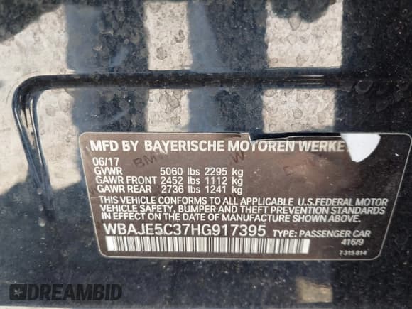 ✅ 2017 BMW 5 Series 540i • VIN: WBAJE5C37HG917395 • Lot: 43458261. Listed on IAAI with Not provided. Free auction sales archive from the USA and detailed vehicle history report at DreamBid. Image 9.