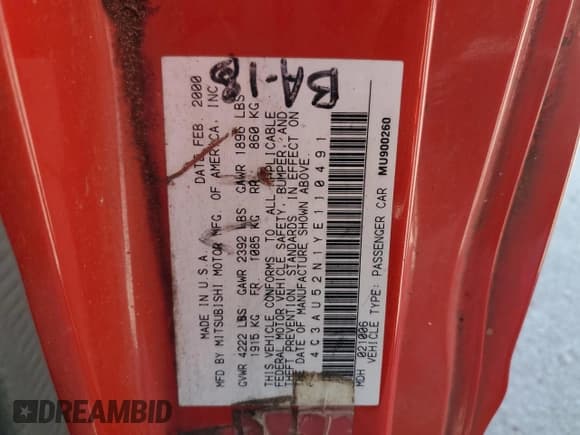 ✅ 2000 Chrysler Sebring LXi • VIN: 4C3AU52N1YE110491 • Лот: 82583755. Опубликован ранее на Copart с пробегом 114 534 миль. Бесплатный доступ к архиву аукционных продаж из США и подробный отчёт об истории автомобиля на DreamBid. Изображение 12.