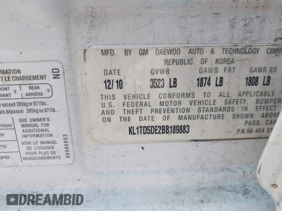 ✅ 2011 Chevrolet Aveo 1LT • VIN: KL1TD5DE2BB189883 • Lot: 42466289. Wystawiony na IAAI z przebiegiem 130 201 mil. Bezpłatny archiwum sprzedaży aukcyjnych z USA i szczegółowy raport historii pojazdu na DreamBid. Zdjęcie 9.