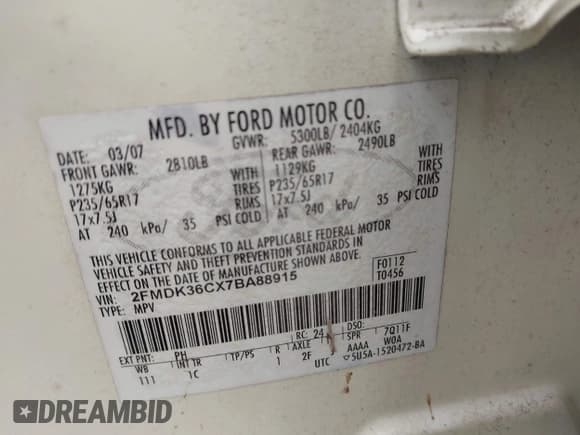 ✅ 2007 Ford Edge SE • VIN: 2FMDK36CX7BA88915 • Лот: 41986284. Опубликован ранее на IAAI с пробегом 153 966 миль. Бесплатный доступ к архиву аукционных продаж из США и подробный отчёт об истории автомобиля на DreamBid. Изображение 9.