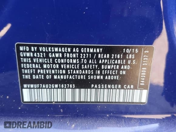 ✅ 2016 Volkswagen Golf R • VIN: WVWUF7AU2GW162763 • Lot: 80719855. Listed on Copart with Not provided. Free auction sales archive from the USA and detailed vehicle history report at DreamBid. Image 12.