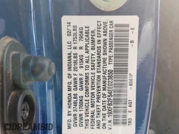 ✅ 2014 Honda Civic LX • VIN: 19XFB2F54EE023850 • Лот: 91034485. Опубликован ранее на Copart с пробегом 57 116 миль. Бесплатный доступ к архиву аукционных продаж из США и подробный отчёт об истории автомобиля на DreamBid. Изображение 12.