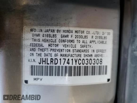 ✅ 2000 Honda CR-V LX • VIN: JHLRD1741YC030308 • Lot: 84634014. Wystawiony na Copart z przebiegiem 254 772 mil. Bezpłatny archiwum sprzedaży aukcyjnych z USA i szczegółowy raport historii pojazdu na DreamBid. Zdjęcie 13.