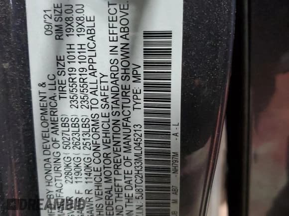 ✅ 2021 Acura RDX • VIN: 5J8TC2H33ML045213 • Lot: 89486305. Listed on Copart with Not provided. Free auction sales archive from the USA and detailed vehicle history report at DreamBid. Image 13.