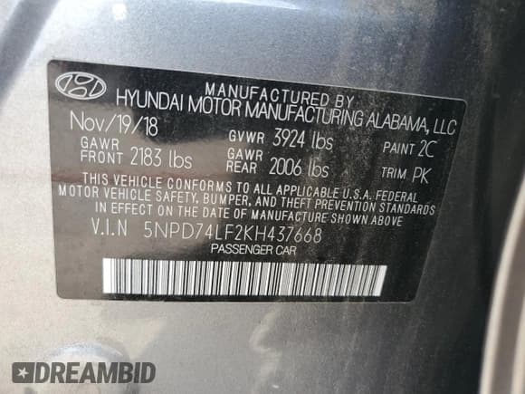 ✅ 2019 Hyundai Elantra SE • VIN: 5NPD74LF2KH437668 • Lot: 65554895. Listed on Copart with 107,545 mi. Free auction sales archive from the USA and detailed vehicle history report at DreamBid. Image 13.