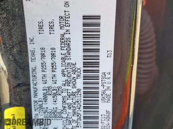 ✅ 2016 Toyota Tundra SR5 • VIN: 5TFDW5F14GX511290 • Лот: 92033915. Опубликован ранее на Copart с пробегом 207 993 миль. Бесплатный доступ к архиву аукционных продаж из США и подробный отчёт об истории автомобиля на DreamBid. Изображение 12.