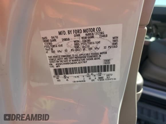 ✅ 2010 Mercury Mariner • VIN: 4M2CN9BG4AKJ21787 • Lot: 92883235. Listed on Copart with 70,032 mi. Free auction sales archive from the USA and detailed vehicle history report at DreamBid. Image 13.