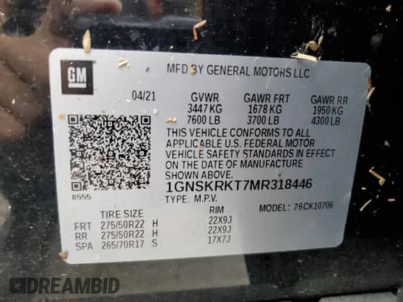 2021 Chevrolet Tahoe RST with VIN 1GNSKRKT7MR318446, listed as a Copart auction lot 54986494 with 8,173 mi miles and . Bid and sale history available at DreamBid. Image 13.