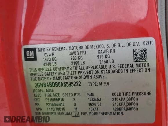 ✅ 2010 Chevrolet HHR 1LT • VIN: 3GNBABDB0AS595222 • Lot: 81534034. Listed on Copart with 138,267 mi. Free auction sales archive from the USA and detailed vehicle history report at DreamBid. Image 14.