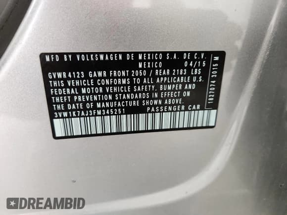 ✅ 2015 Volkswagen Jetta S • VIN: 3VW1K7AJ3FM345251 • Lot: 82599715. Listed on Copart with 91,217 mi. Free auction sales archive from the USA and detailed vehicle history report at DreamBid. Image 12.