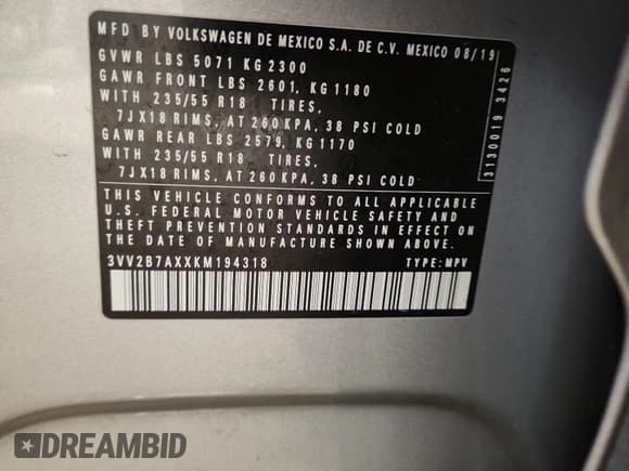 ✅ 2019 Volkswagen Tiguan SE • VIN: 3VV2B7AXXKM194318 • Лот: 92754395. Опубликован ранее на Copart с пробегом 127 851 миль. Бесплатный доступ к архиву аукционных продаж из США и подробный отчёт об истории автомобиля на DreamBid. Изображение 13.