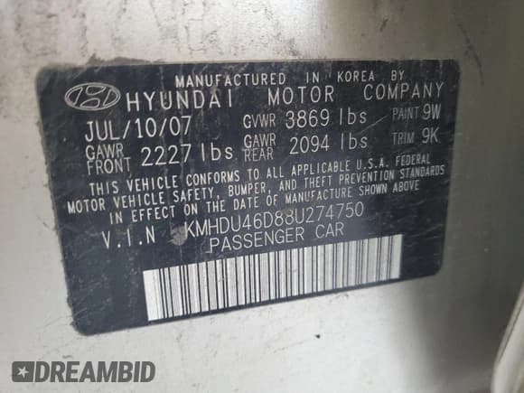 ✅ 2008 Hyundai Elantra GLS • VIN: KMHDU46D88U274750 • Lot: 81220985. Listed on Copart with 169,056 mi. Free auction sales archive from the USA and detailed vehicle history report at DreamBid. Image 12.