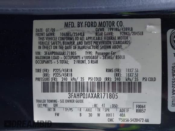 ✅ 2010 Ford Fusion SEL • VIN: 3FAHP0JAXAR171805 • Lot: 43691120. Wystawiony na IAAI z przebiegiem 104 501 mil. Bezpłatny archiwum sprzedaży aukcyjnych z USA i szczegółowy raport historii pojazdu na DreamBid. Zdjęcie 9.