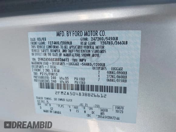 ✅ 2003 Ford Windstar • VIN: 2FMZA50483BB26612 • Lot: 43916615. Listed on IAAI with 1,399,405 mi. Free auction sales archive from the USA and detailed vehicle history report at DreamBid. Image 9.