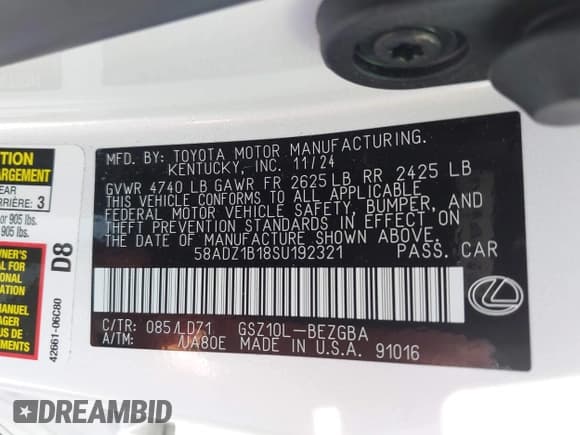 ✅ 2025 Lexus ES 350 • VIN: 58ADZ1B18SU192321 • Lot: 42609052. Wystawiony na IAAI z przebiegiem 3 265 mil. Bezpłatny archiwum sprzedaży aukcyjnych z USA i szczegółowy raport historii pojazdu na DreamBid. Zdjęcie 9.