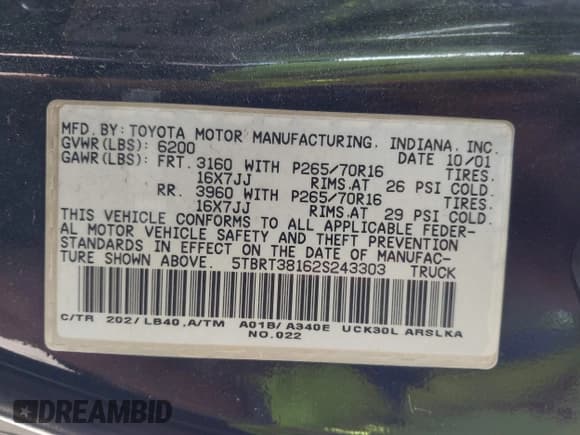✅ 2002 Toyota Tundra Limited • VIN: 5TBRT38162S243303 • Lot: 43090537. Listed on IAAI with 469,385 mi. Free auction sales archive from the USA and detailed vehicle history report at DreamBid. Image 9.