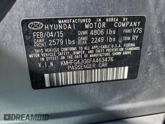 ✅ 2015 Hyundai Azera • VIN: KMHFG4JG6FA463476 • Lot: 85899515. Listed on Copart with 140,245 mi. Free auction sales archive from the USA and detailed vehicle history report at DreamBid. Image 12.