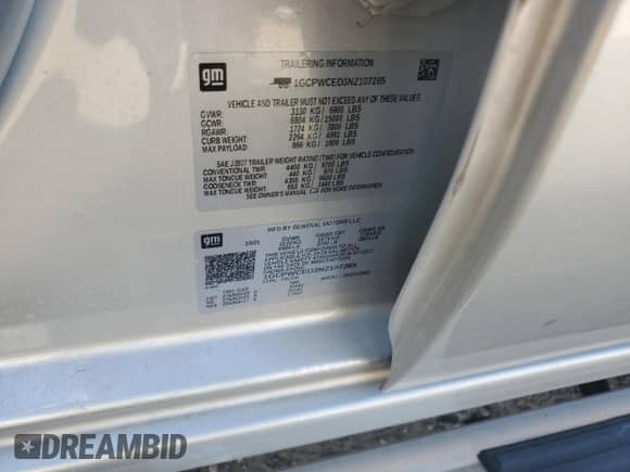 2022 Chevrolet Silverado 1500 LT with VIN 1GCPWCED3NZ107265, listed as a Copart auction lot 85198595 with 55,090 mi miles and Salvage title. Bid and sale history available at DreamBid. Image 12.