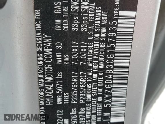 ✅ 2012 Hyundai Santa Fe GLS • VIN: 5XYZGDAB3CG157935 • Lot: 78259144. Listed on Copart with Not provided. Free auction sales archive from the USA and detailed vehicle history report at DreamBid. Image 12.