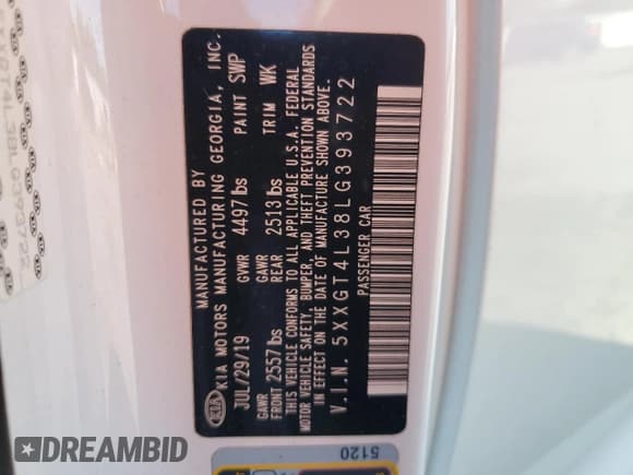 ✅ 2020 Kia Optima LX • VIN: 5XXGT4L38LG393722 • Lot: 90775425. Listed on Copart with 82,400 mi. Free auction sales archive from the USA and detailed vehicle history report at DreamBid. Image 12.