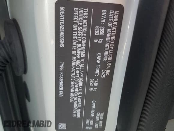 ✅ 2025 Lucid Air Touring • VIN: 50EA1TEA2SA006945 • Lot: 82162625. Wystawiony na Copart z przebiegiem 3 862 mil. Bezpłatny archiwum sprzedaży aukcyjnych z USA i szczegółowy raport historii pojazdu na DreamBid. Zdjęcie 13.